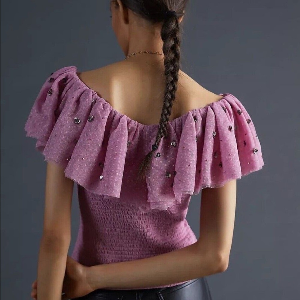Anthropologie Mauve Ruffled Textured sequin Blouse 51422 - Picture 2 of 12